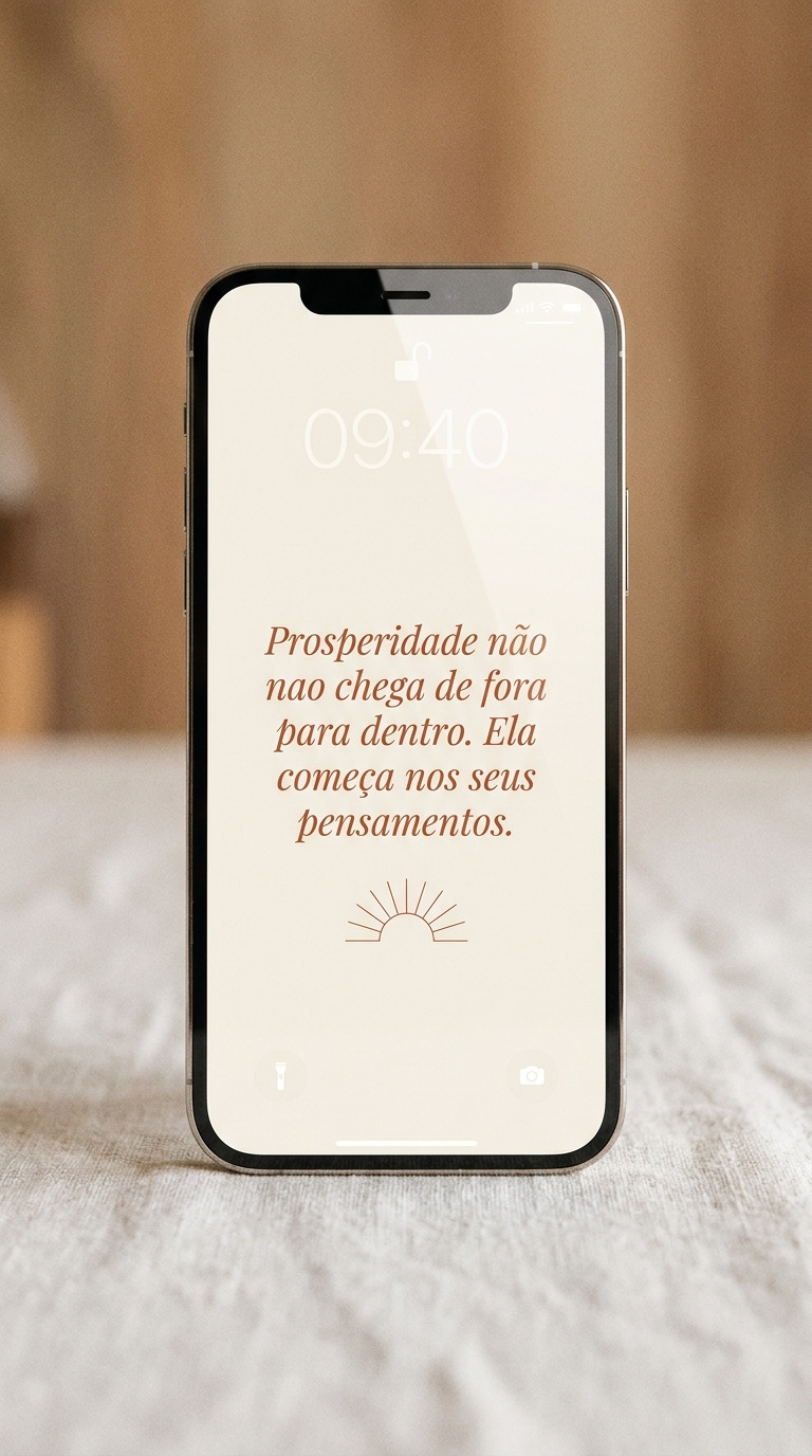 Celular com carta de afirmação da prosperidade na tela de bloqueio