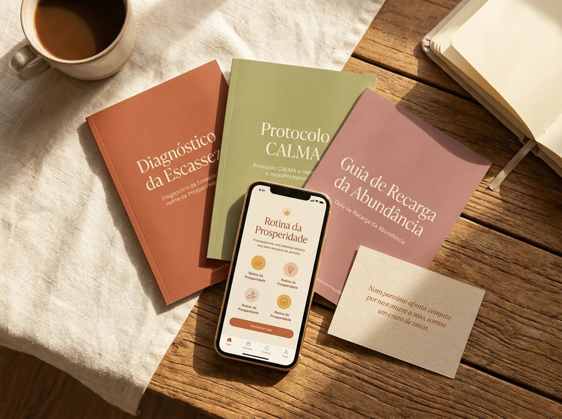 Todos os materiais da Rotina da Prosperidade reunidos: plataforma, 3 ebooks e cartas de afirmação