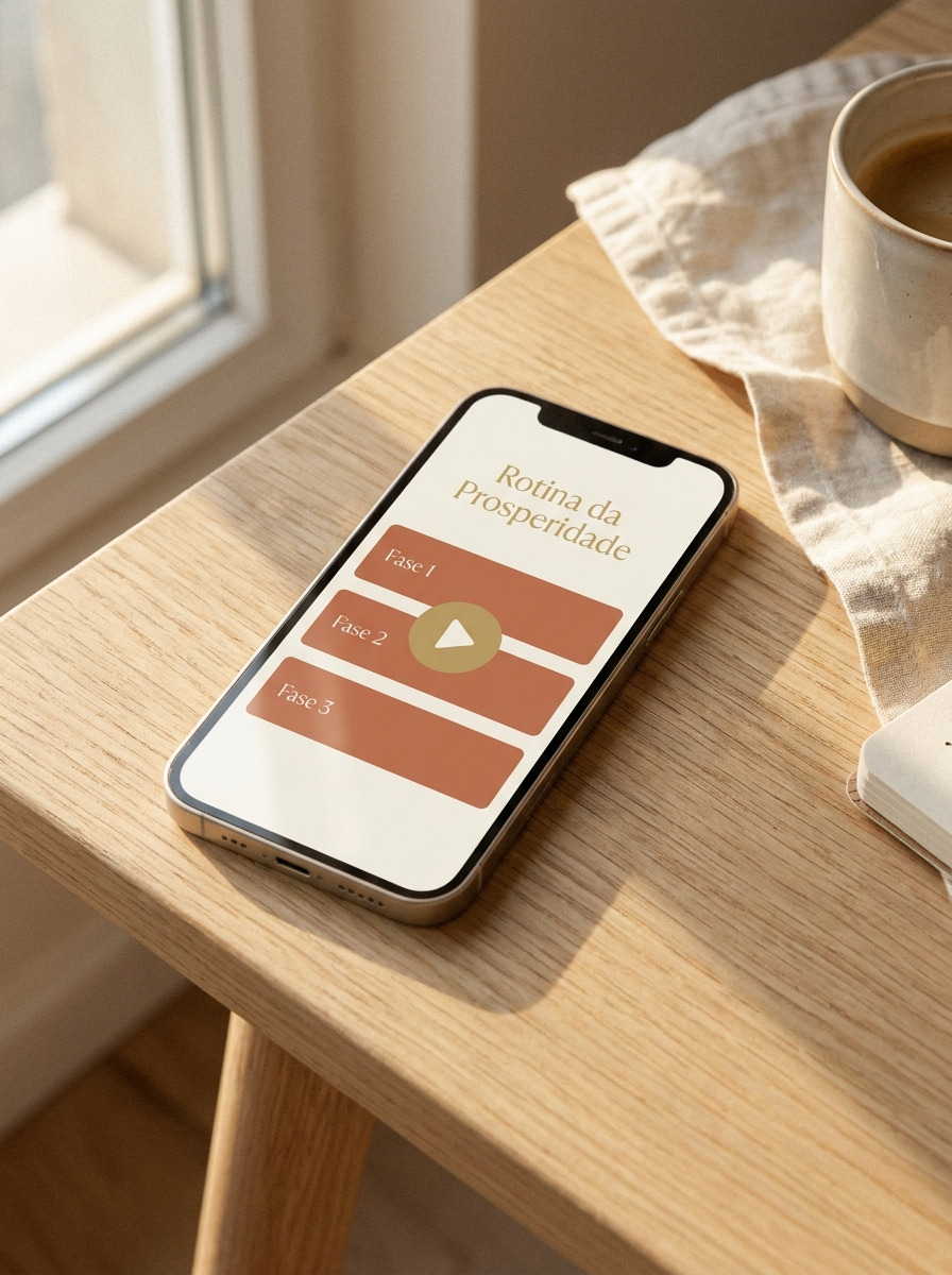 Celular exibindo a plataforma Rotina da Prosperidade aberta, com as 3 fases e botão de play visíveis