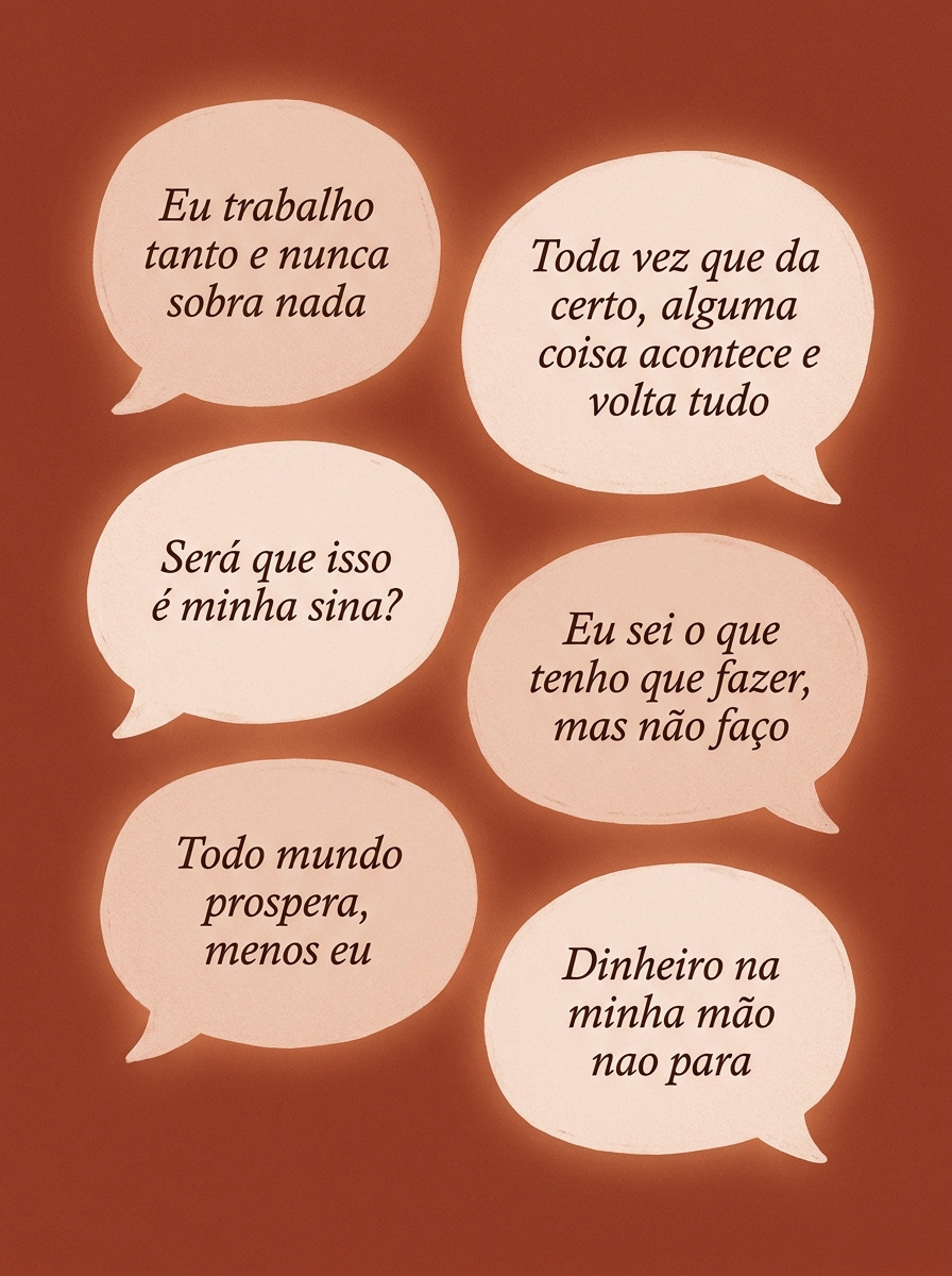 Seis balões de pensamento com frases sobre escassez financeira, representando os pensamentos automáticos da persona